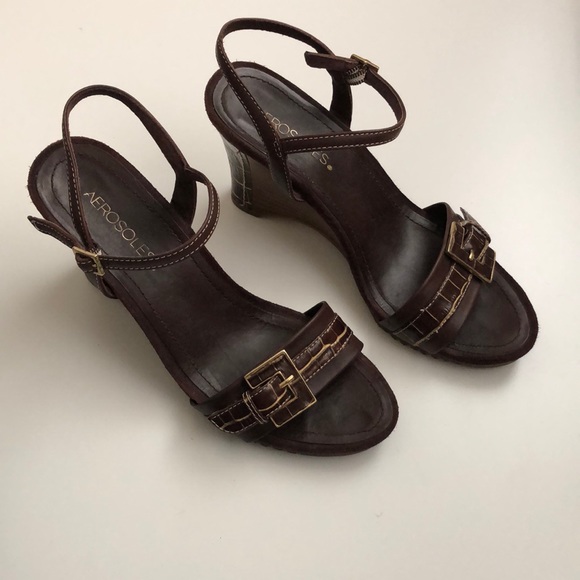 Aerosoles Swishing well Brown Wedge Leather sandals Size 7M - Picture 2 of 16